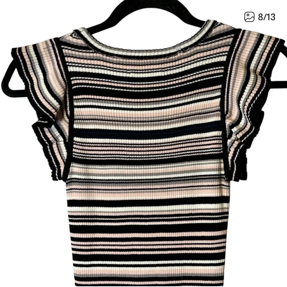 Milly Black Pink White Striped Ribbed Ruffle Hem Midi Dress - Picture 9 of 9